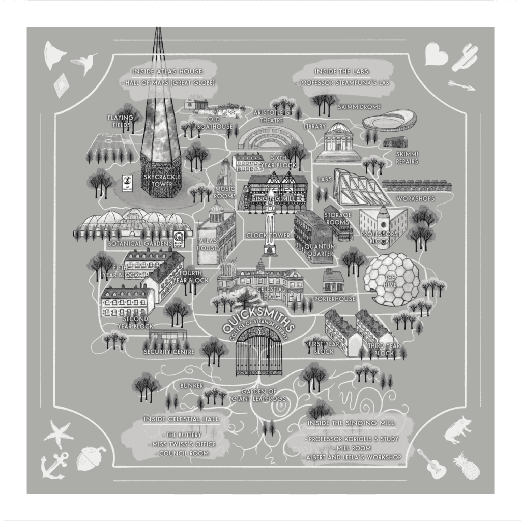 Illustrated bird-eye-view map of the fantasy campus at Quicksmiths School of Strange Energy