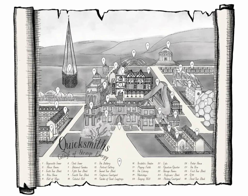 Illustrated scroll map of the fantasy campus at Quicksmiths College of Strange Energy