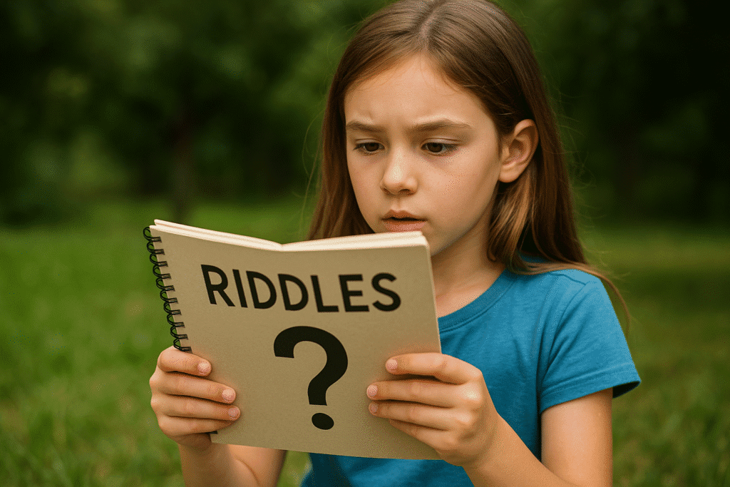A focused child reading a notebook titled “RIDDLES” outdoors, representing how riddles for children support brain development, problem-solving, and learning.